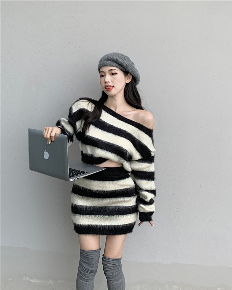Stripe spicegirl short skirt short pullover sweater 2pcs set