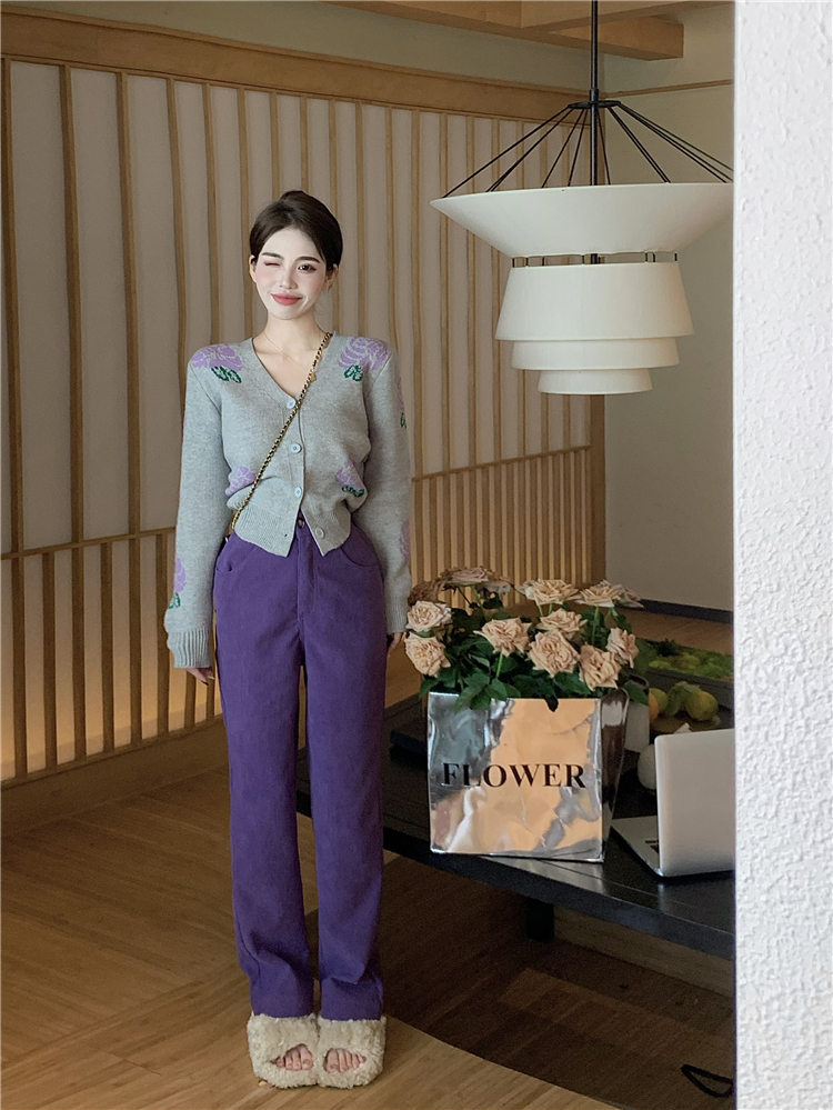 Purple V-neck cardigan straight long pants for women