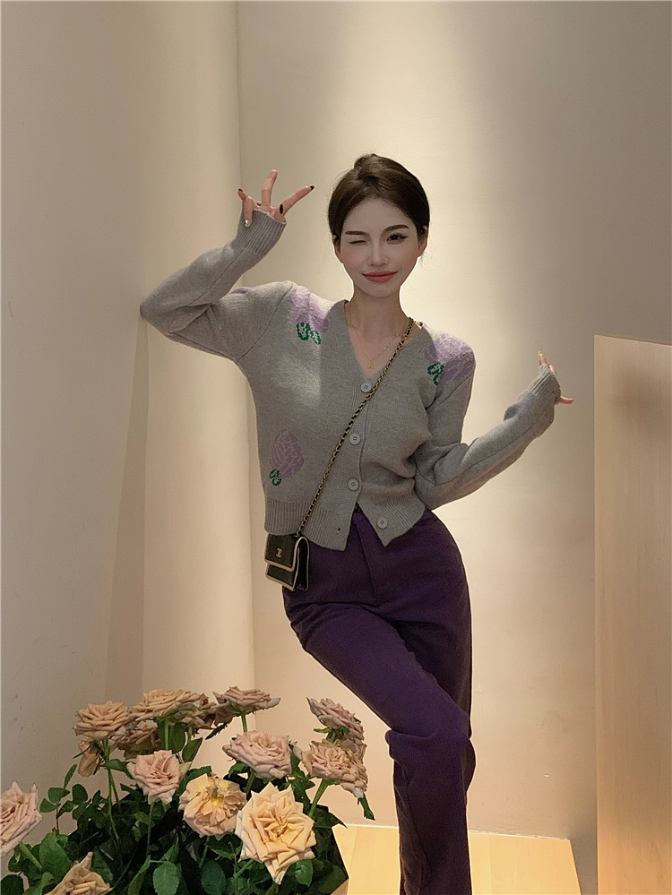 Purple V-neck cardigan straight long pants for women