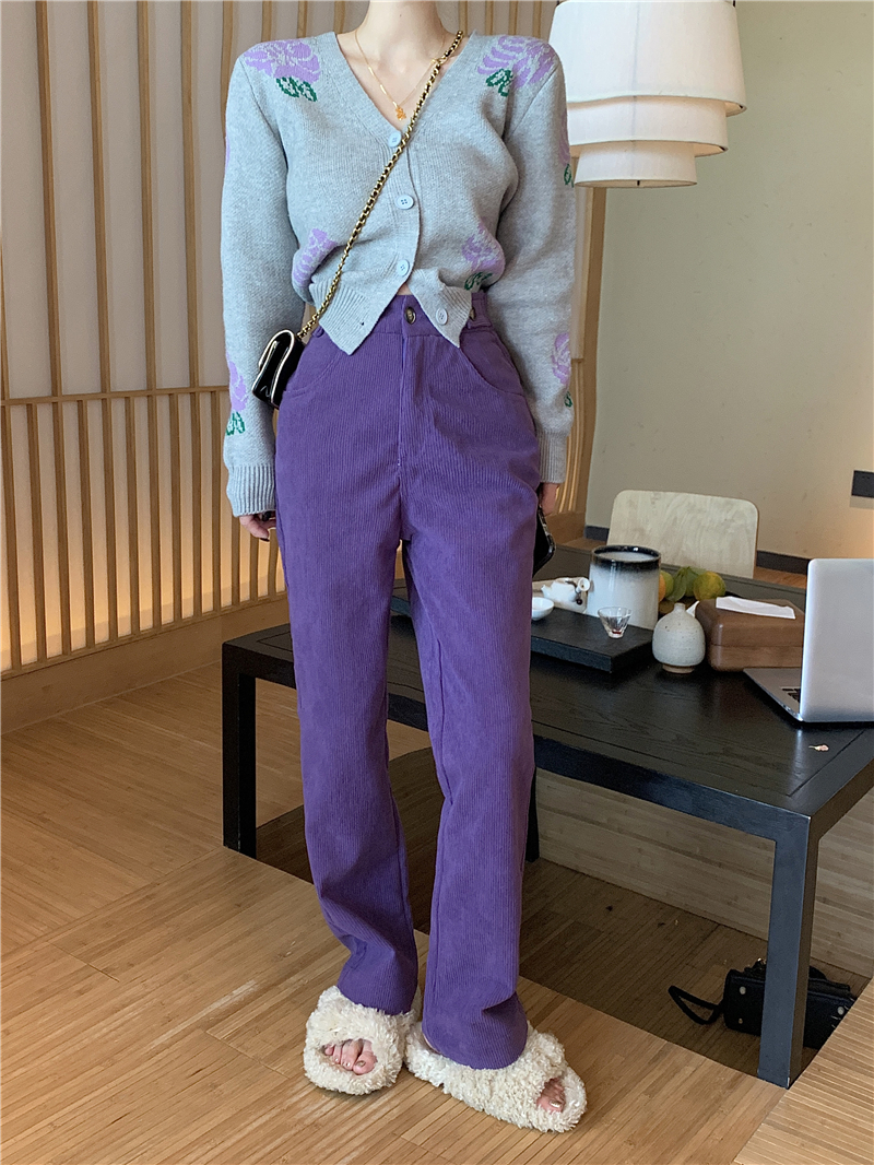 Purple V-neck cardigan straight long pants for women