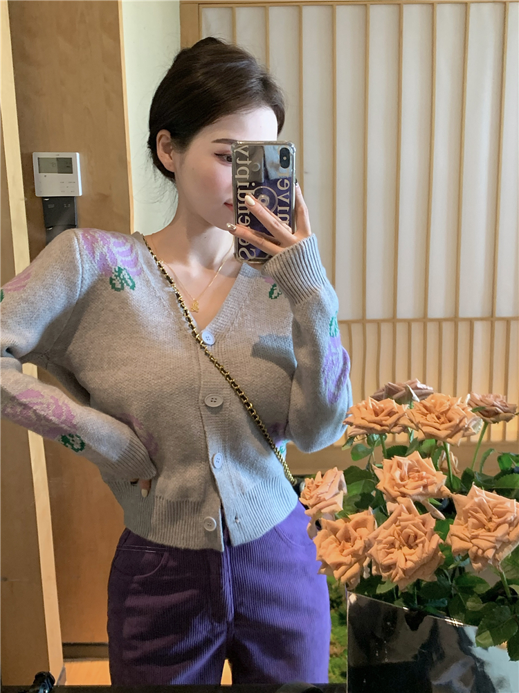 Purple V-neck cardigan straight long pants for women