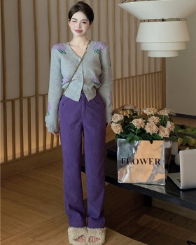 Purple V-neck cardigan straight long pants for women