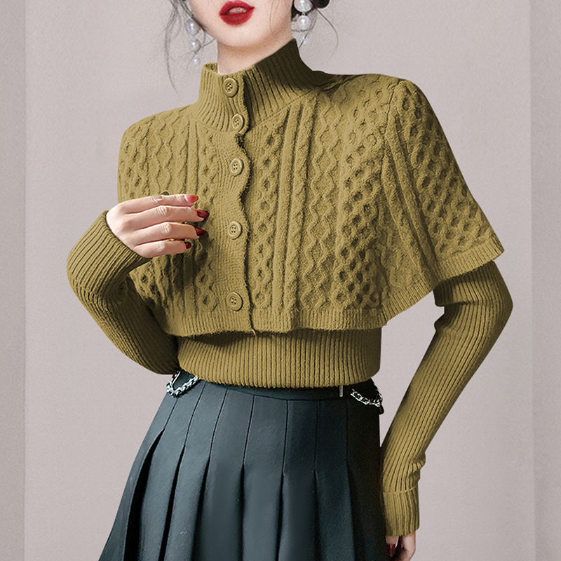 Long sleeve fashion knitted buckle cloak 2pcs set