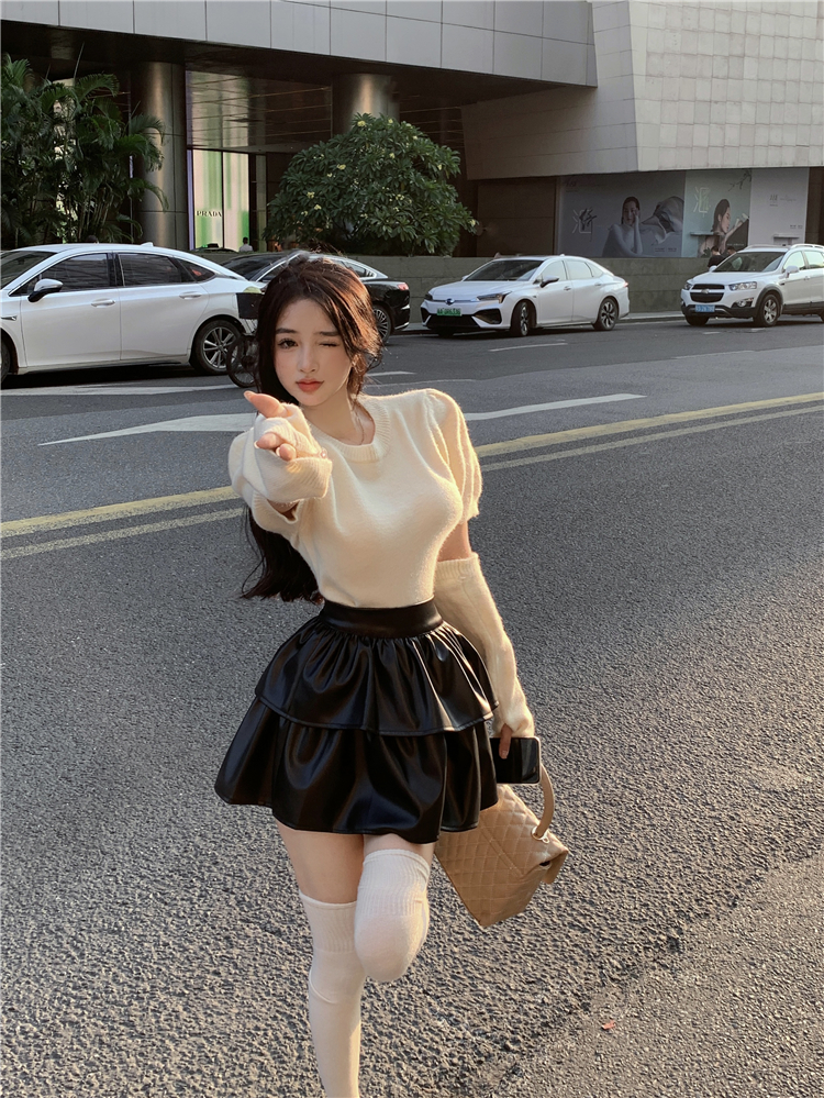 Puff sleeve leather skirt thick and disorderly short skirt
