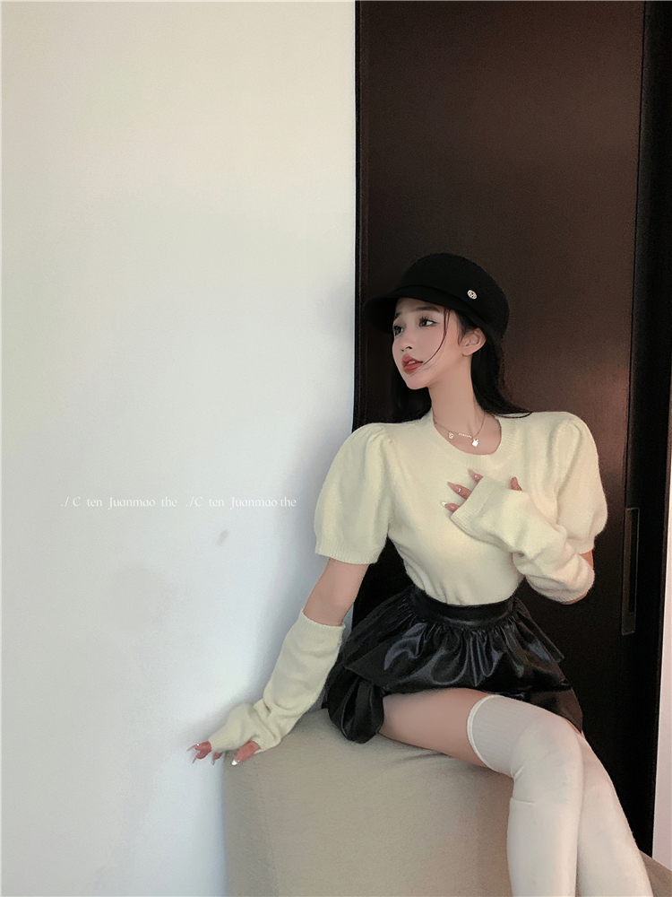 Puff sleeve leather skirt thick and disorderly short skirt
