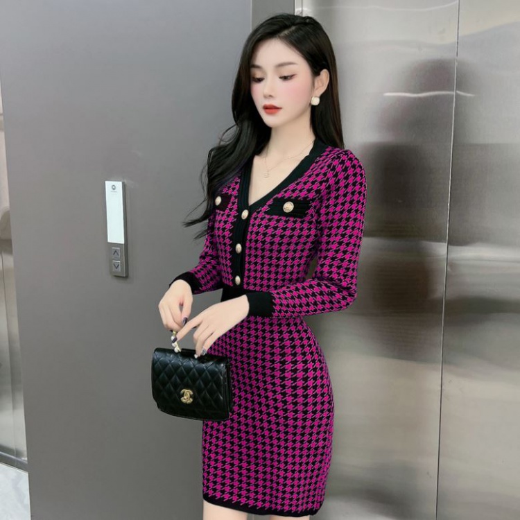 Houndstooth knitted sweater long sleeve dress
