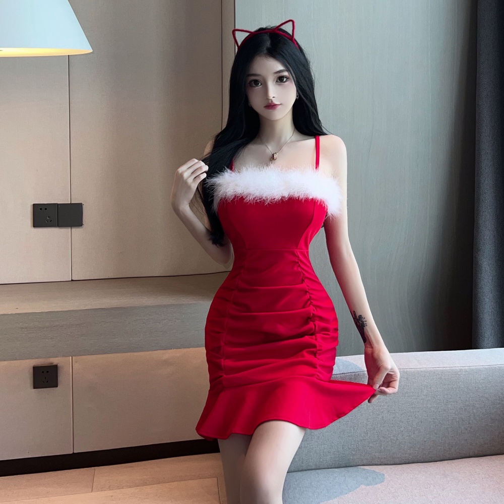 Christmas splice sexy fold red elmo sling slim dress
