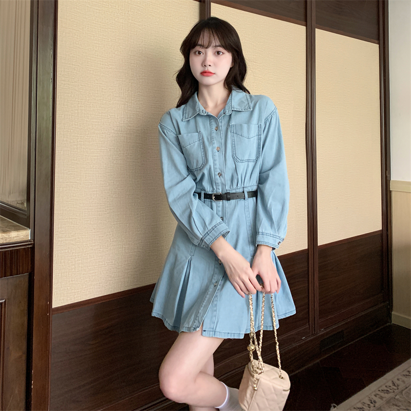 Slim pleated retro dress long sleeve denim spicegirl T-back