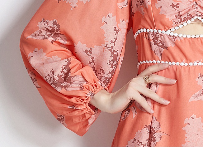 Puff sleeve hollow European style orange dress for women