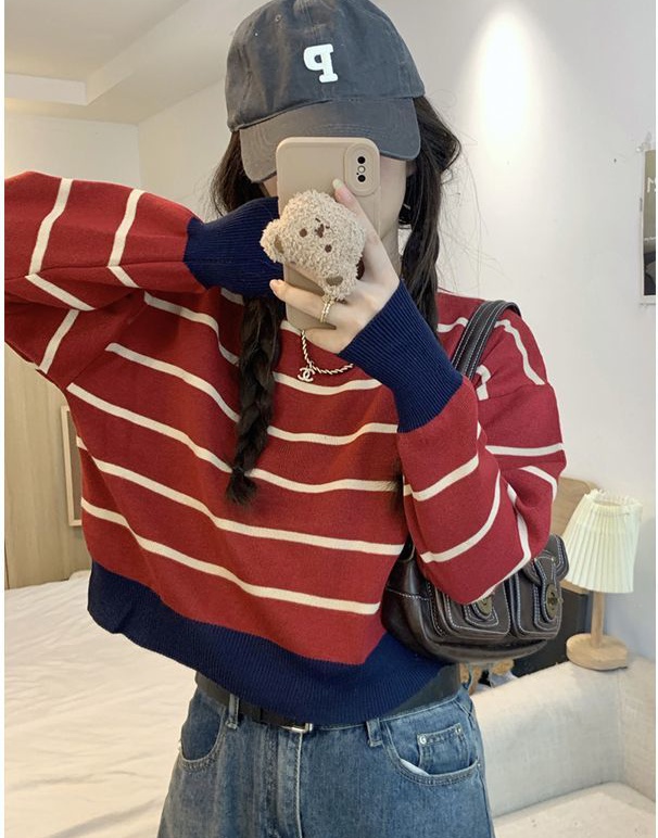 Loose stripe tops knitted sweater for women