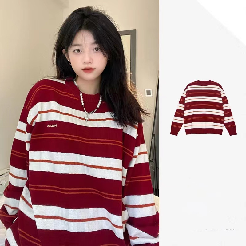 Round neck autumn sweater red long sleeve tops for women