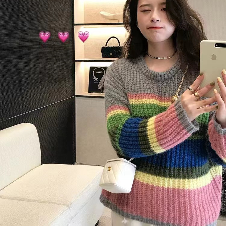Korean style autumn stripe tops lazy loose sweater for women
