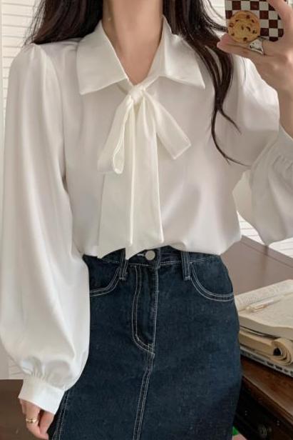 Autumn Western style temperament white bow shirt