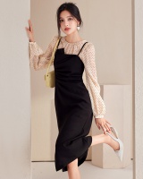 Pseudo-two France style polka dot autumn black dress