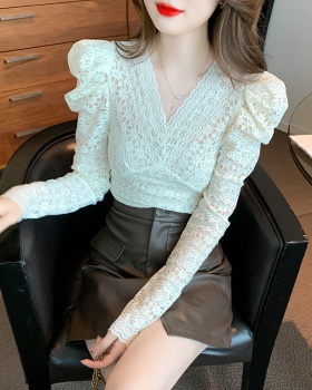Long sleeve V-neck shirts all-match lace tops for women