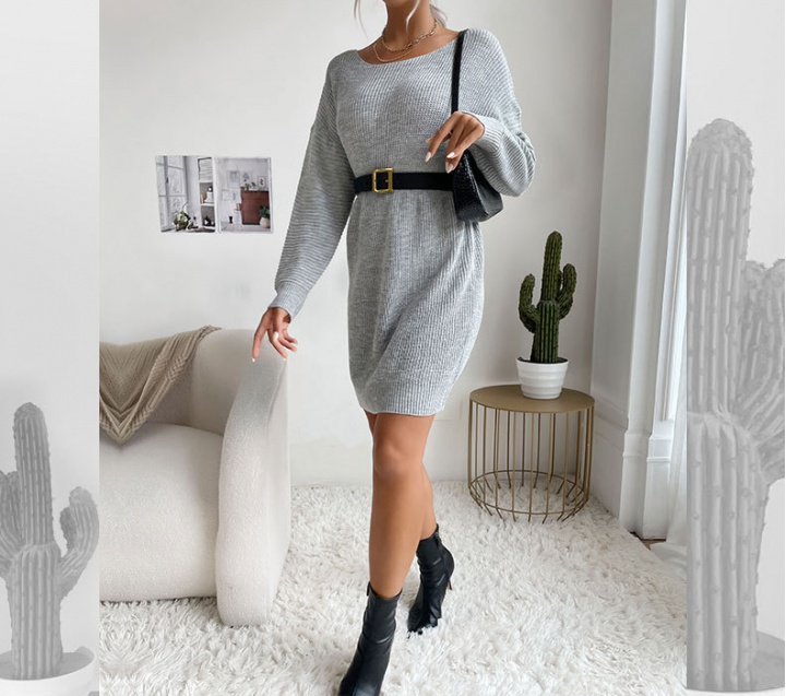 Loose long autumn gray sweater dress for women