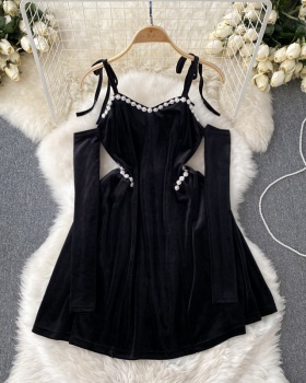 Velvet retro black France style autumn slim dress