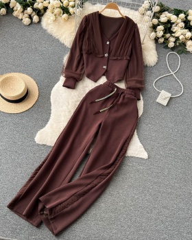 Single-breasted widen suit pants wide leg Casual tops 2pcs set