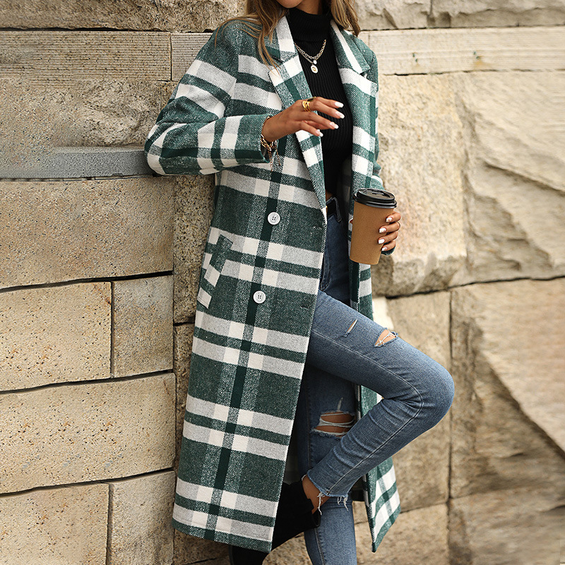 Long loose woolen plaid long sleeve European style coat
