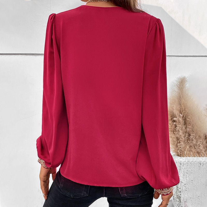 Long sleeve splice shirt V-neck tops for women