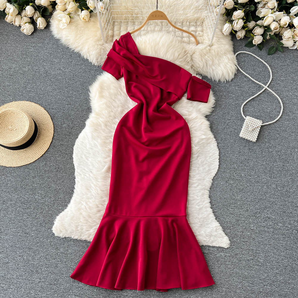 Sexy package hip dress sloping shoulder long dress for women