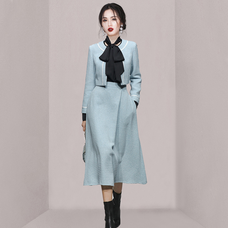 Fashion and elegant tops blue long skirt 2pcs set