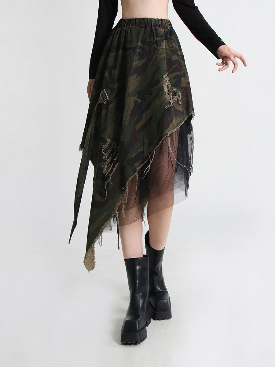 Gauze camouflage high waist irregular denim laminated skirt