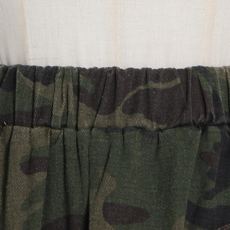Gauze camouflage high waist irregular denim laminated skirt