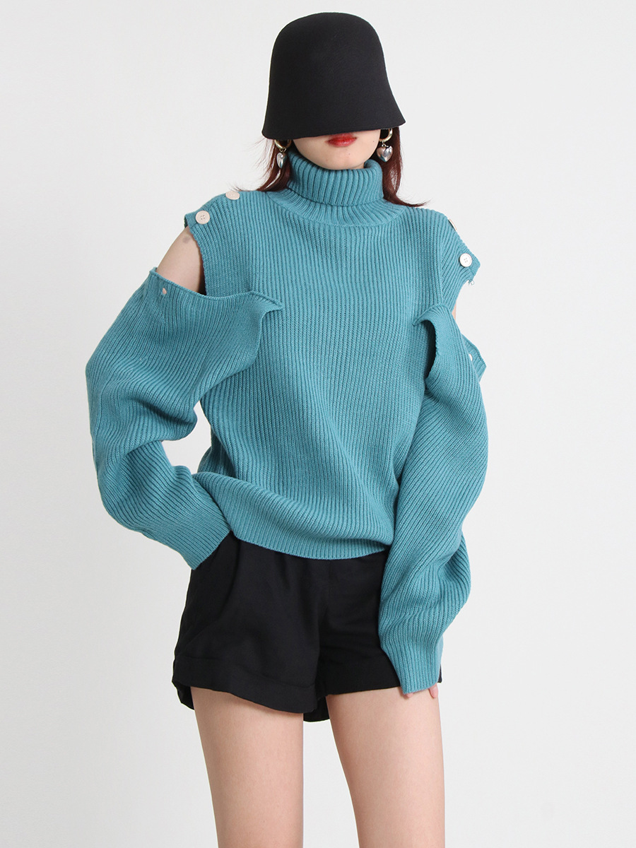 Buckle pure sexy strapless long sleeve sweater