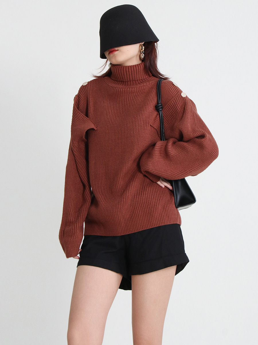 Buckle pure sexy strapless long sleeve sweater