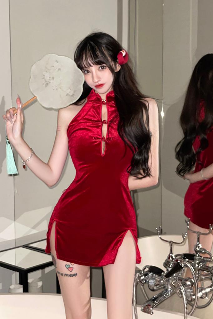 Velvet sexy dress split cheongsam for women
