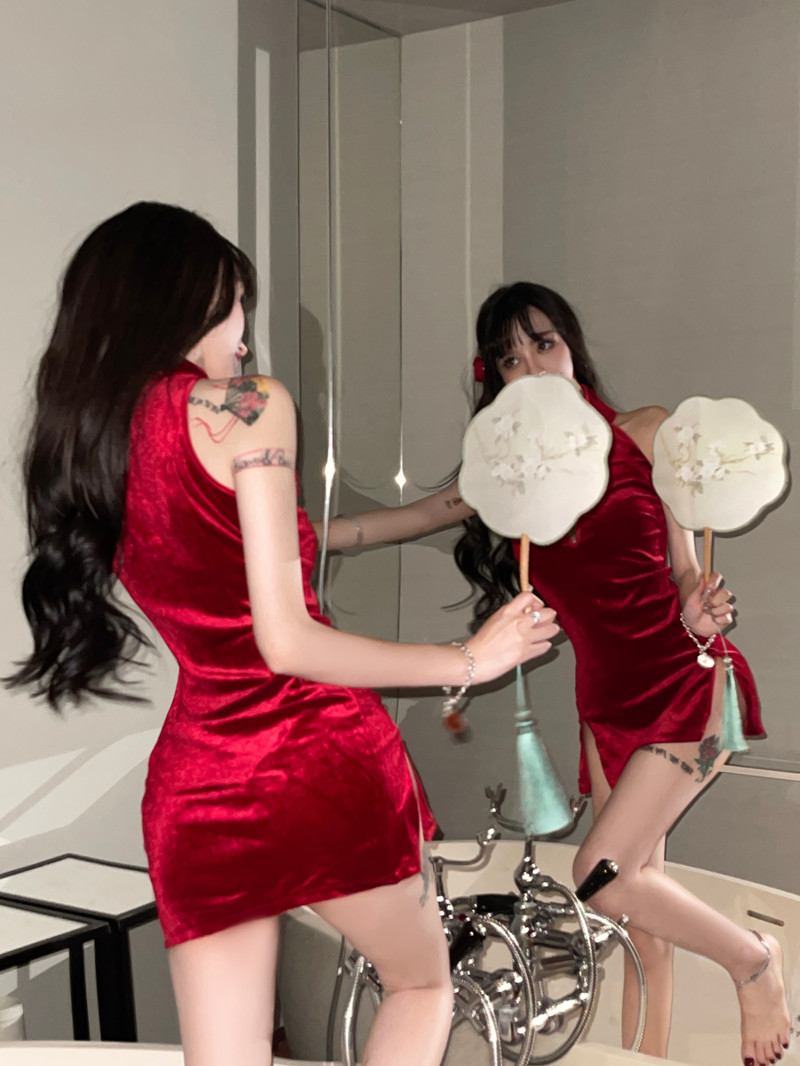 Velvet sexy dress split cheongsam for women