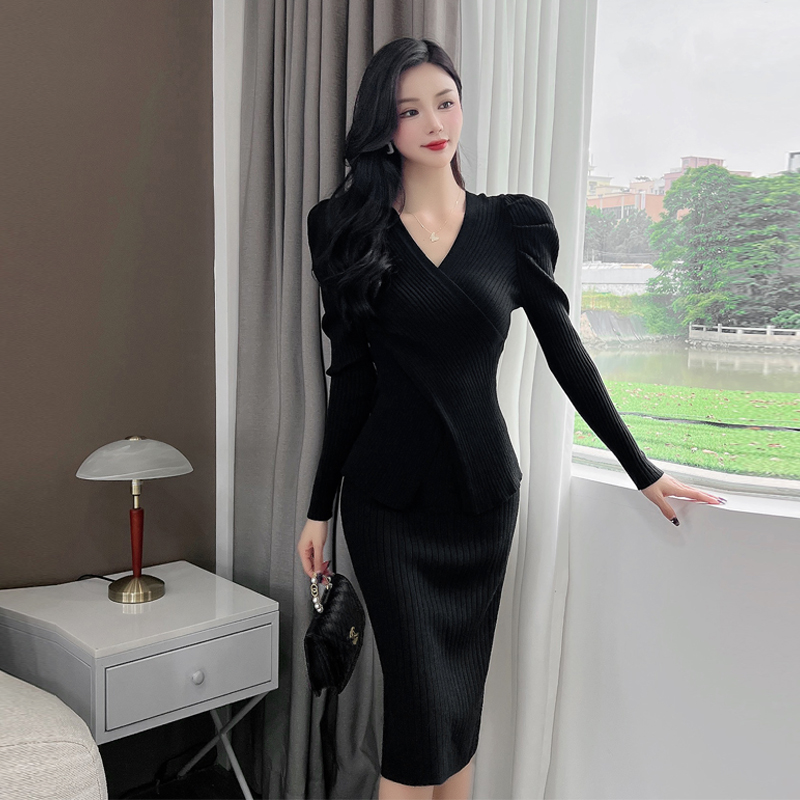 V-neck winter slim irregular sweater dress 2pcs set