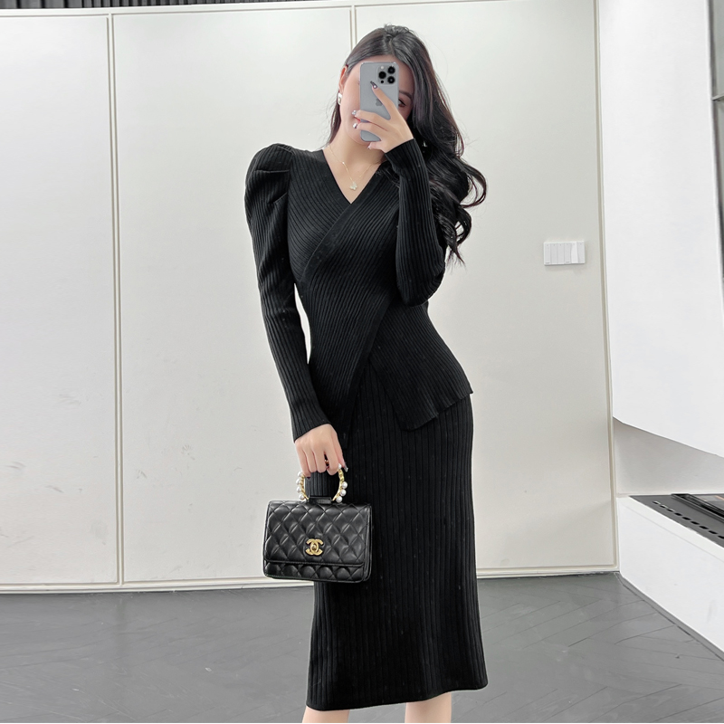 V-neck winter slim irregular sweater dress 2pcs set