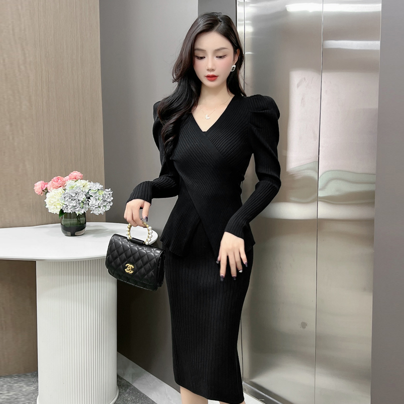 V-neck winter slim irregular sweater dress 2pcs set