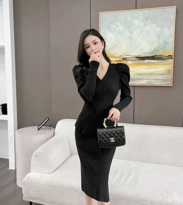 V-neck winter slim irregular sweater dress 2pcs set