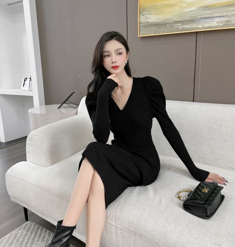 V-neck winter slim irregular sweater dress 2pcs set