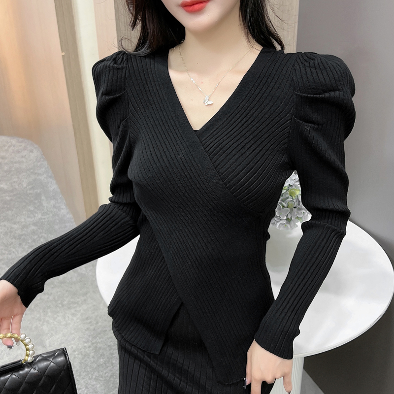 V-neck winter slim irregular sweater dress 2pcs set