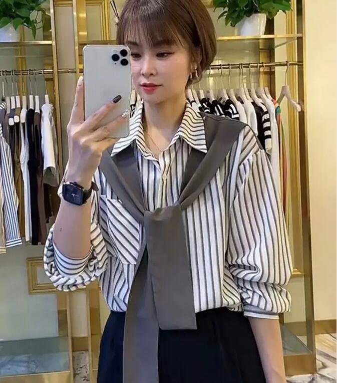Korean style autumn shirt vertical stripes tops