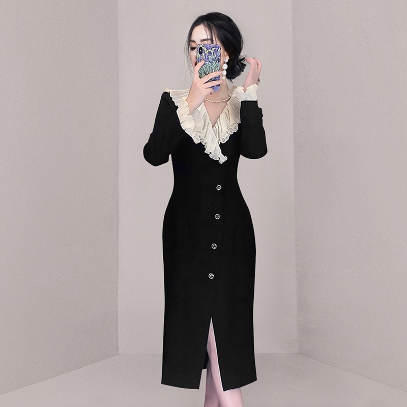 Long sleeve temperament fashion and elegant black dress