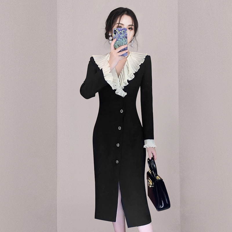 Long sleeve temperament fashion and elegant black dress