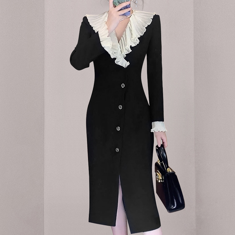 Long sleeve temperament fashion and elegant black dress