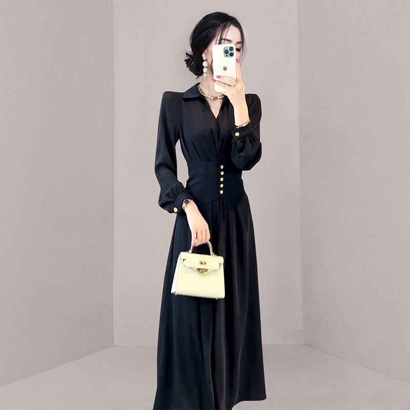 Pinched waist ladies long sleeve dress for women