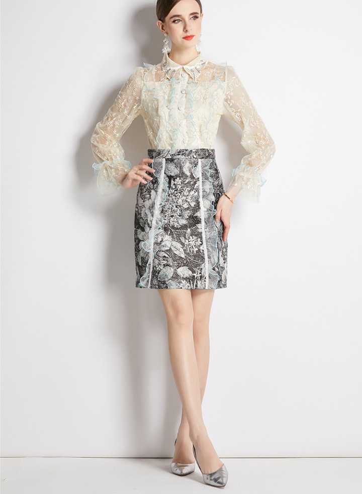 Beading embroidery pullover gold line slim gauze dress