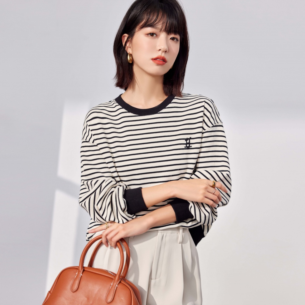 Pullover round neck loose tops retro stripe autumn hoodie