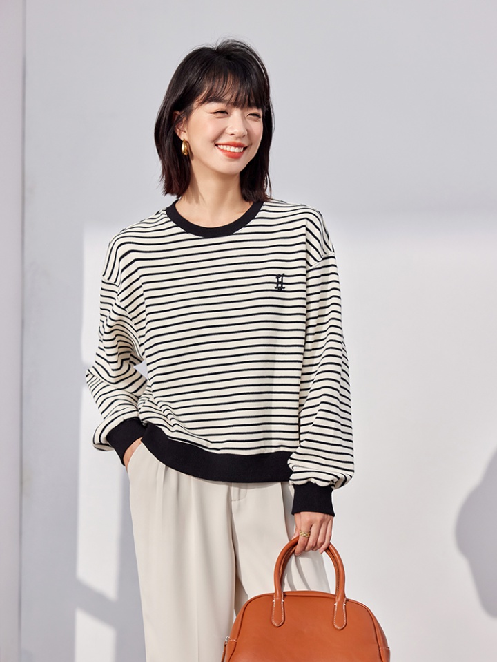 Pullover round neck loose tops retro stripe autumn hoodie