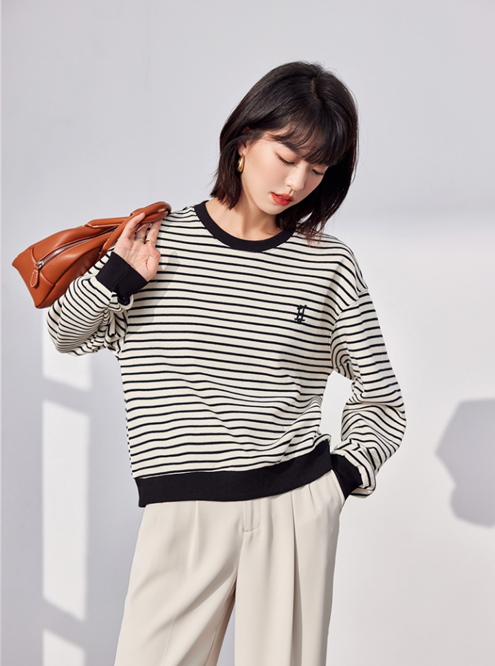 Pullover round neck loose tops retro stripe autumn hoodie