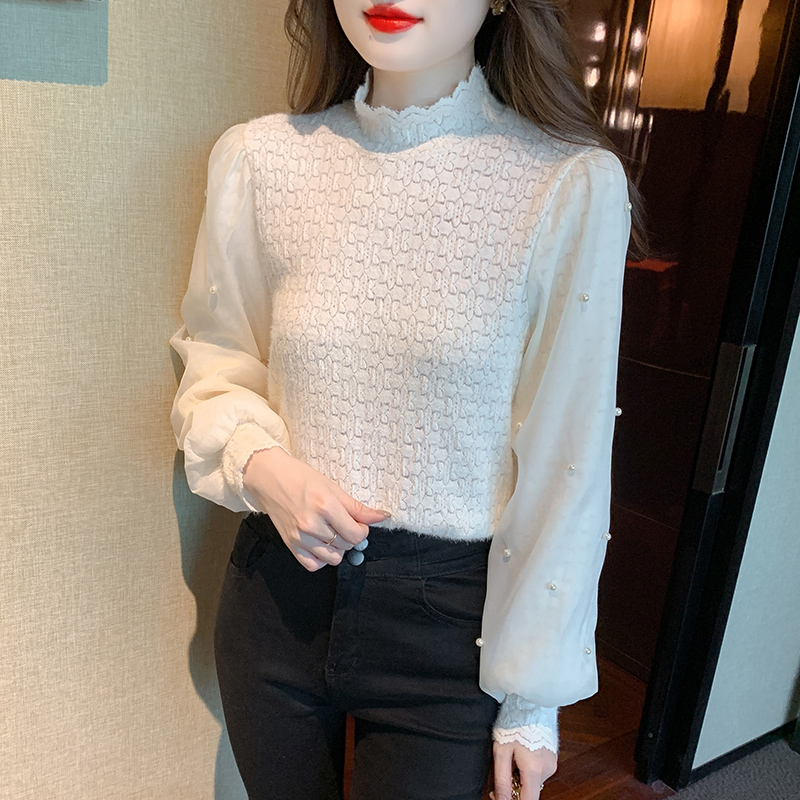 Splice lace bottoming shirt beading tops for women