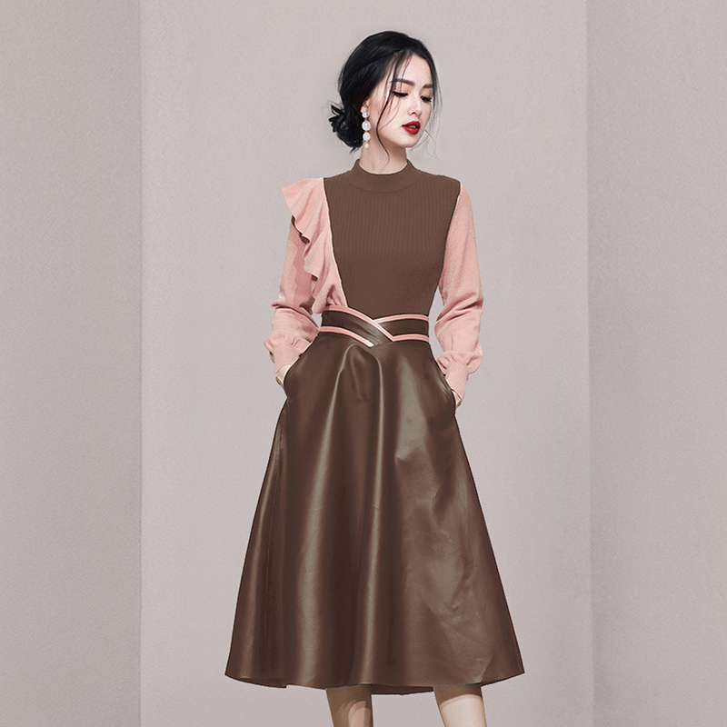 Fashion brown tops temperament long dress a set for women