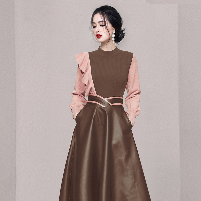 Fashion brown tops temperament long dress a set for women